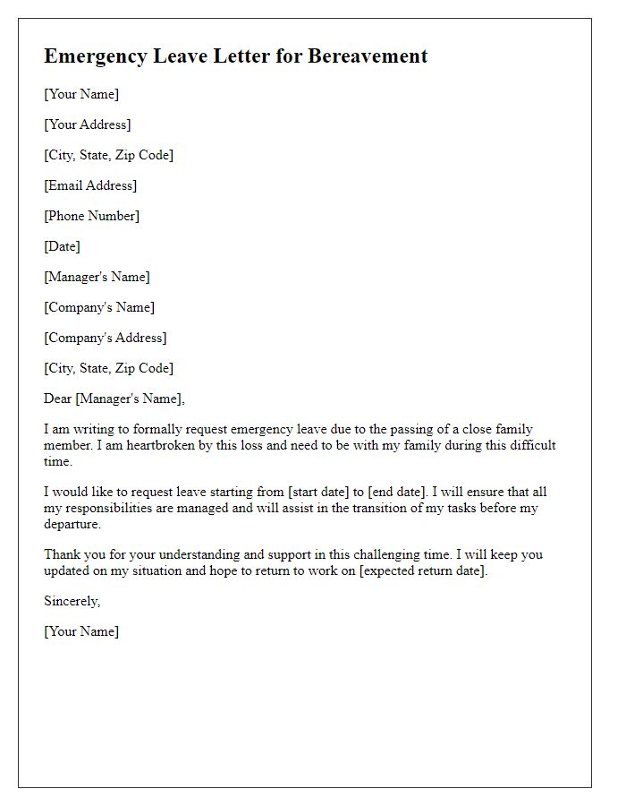 Letter template of emergency leave letter for bereavement