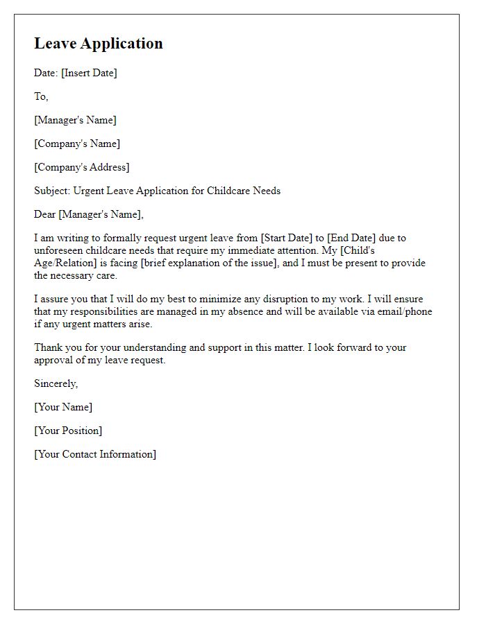 Letter template of urgent leave application for childcare needs