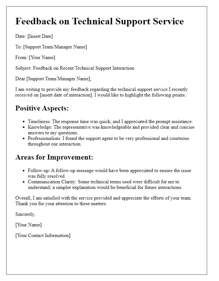 Letter template of comments on the technical support service interaction