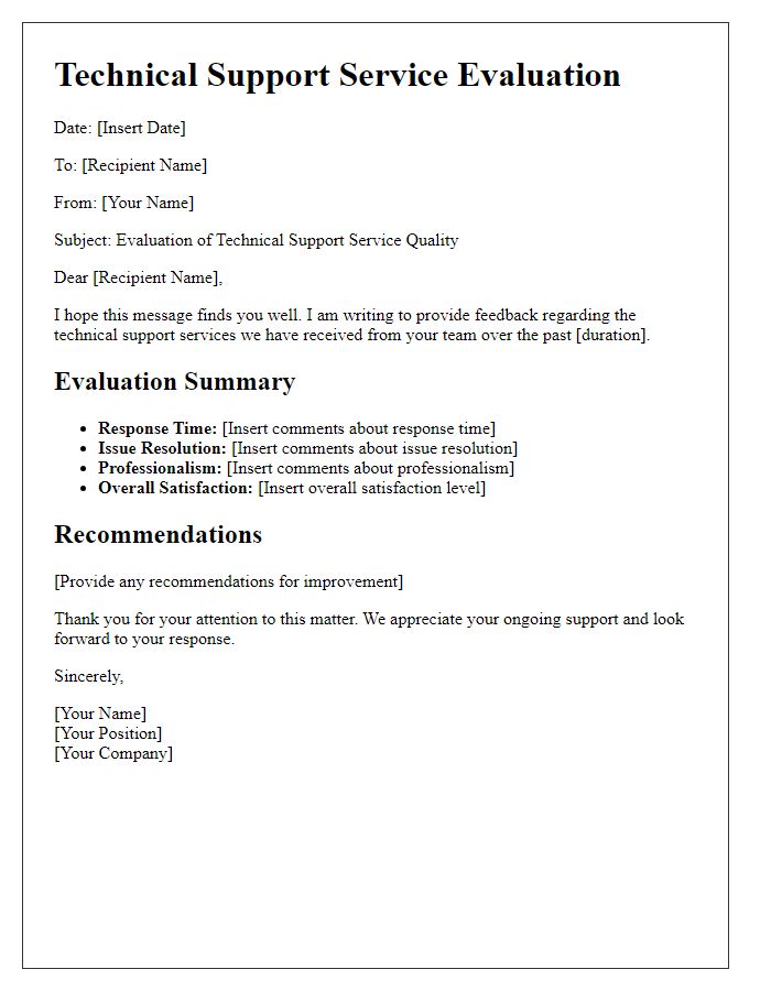 Letter template of evaluation of technical support service quality