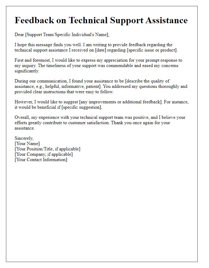 Letter template of feedback on technical support assistance received