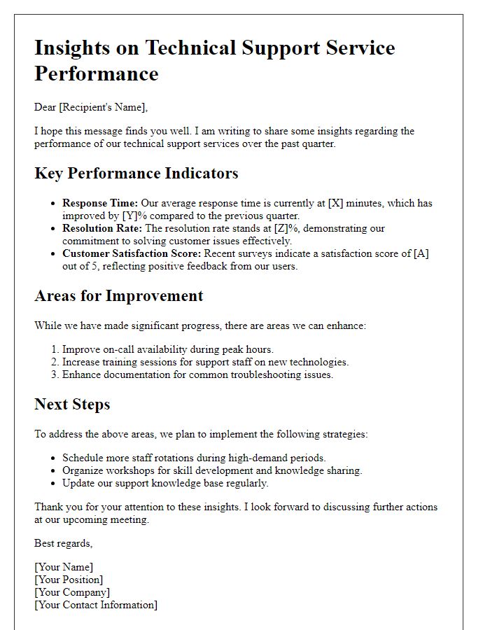 Letter template of insights on technical support service performance