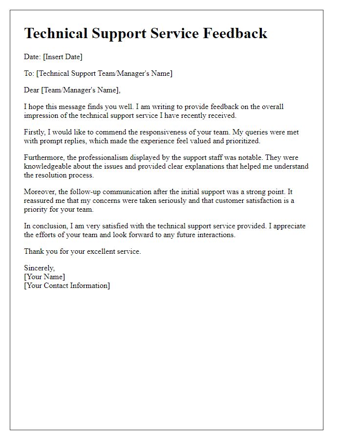 Letter template of overall impression of technical support service