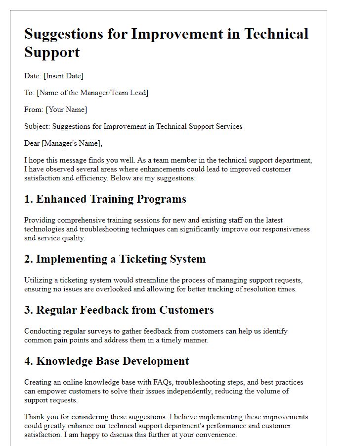 Letter template of suggestions for improvement in technical support