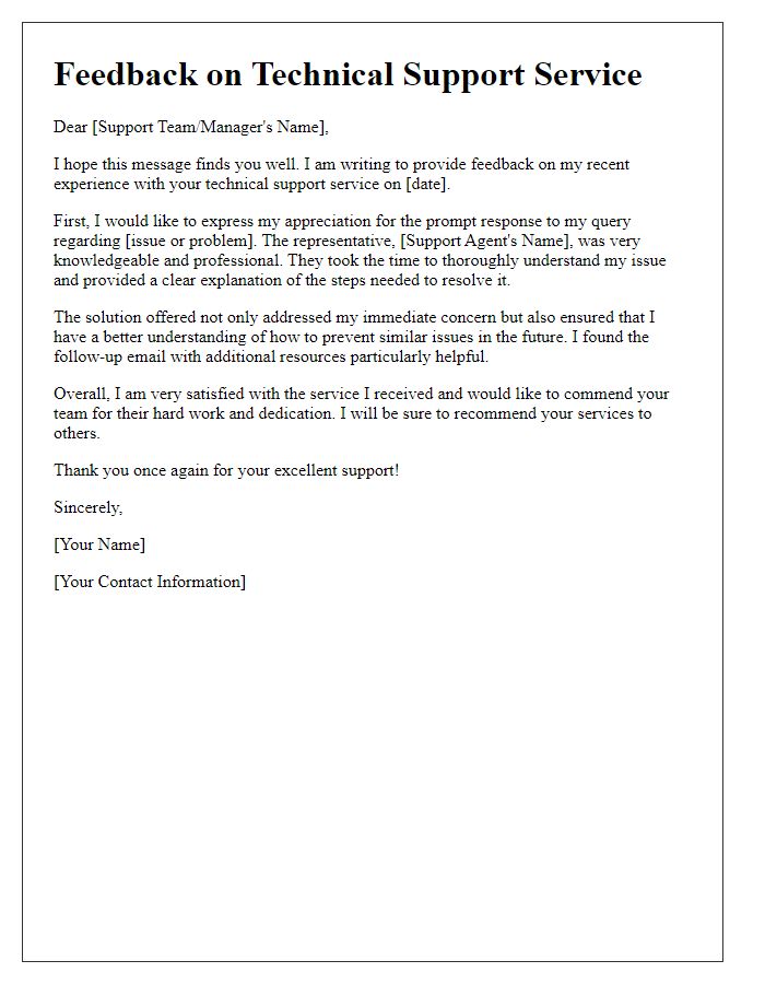 Letter template of technical support service experience feedback