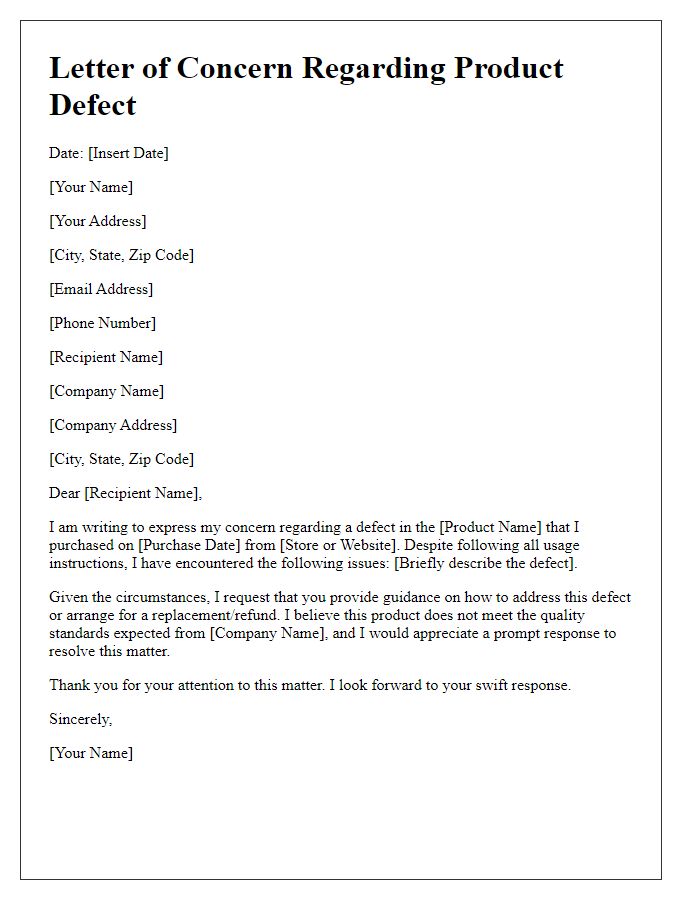 Letter template of concern regarding product defect