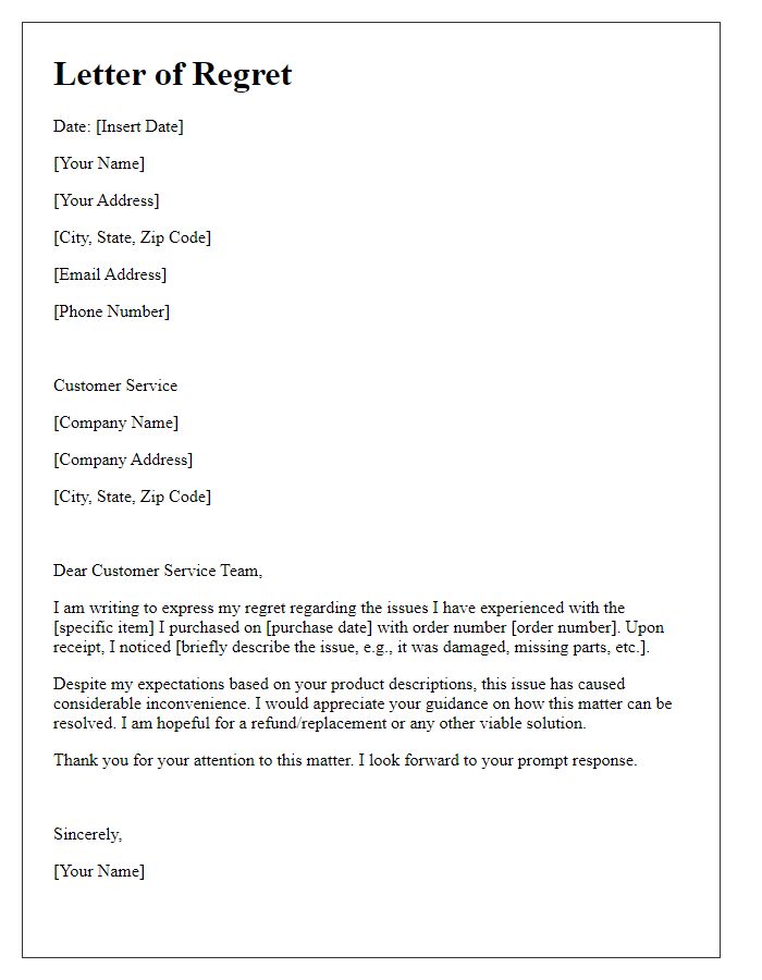 Letter template of regret for issues with purchased item