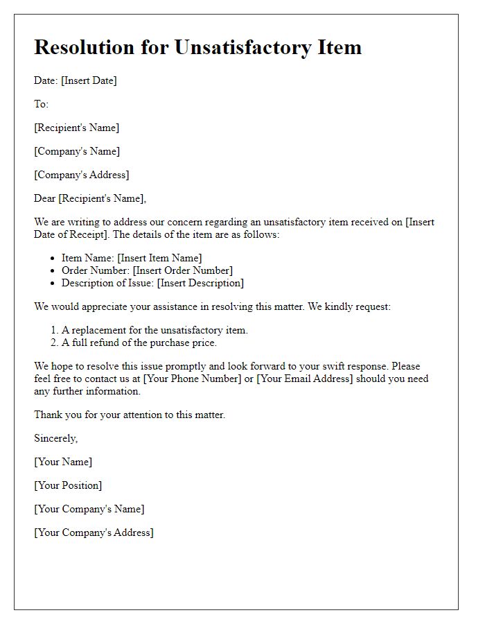 Letter template of resolution for unsatisfactory item