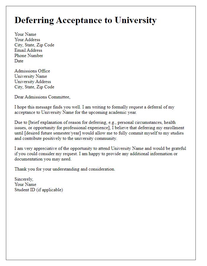 Letter template of deferring acceptance to university