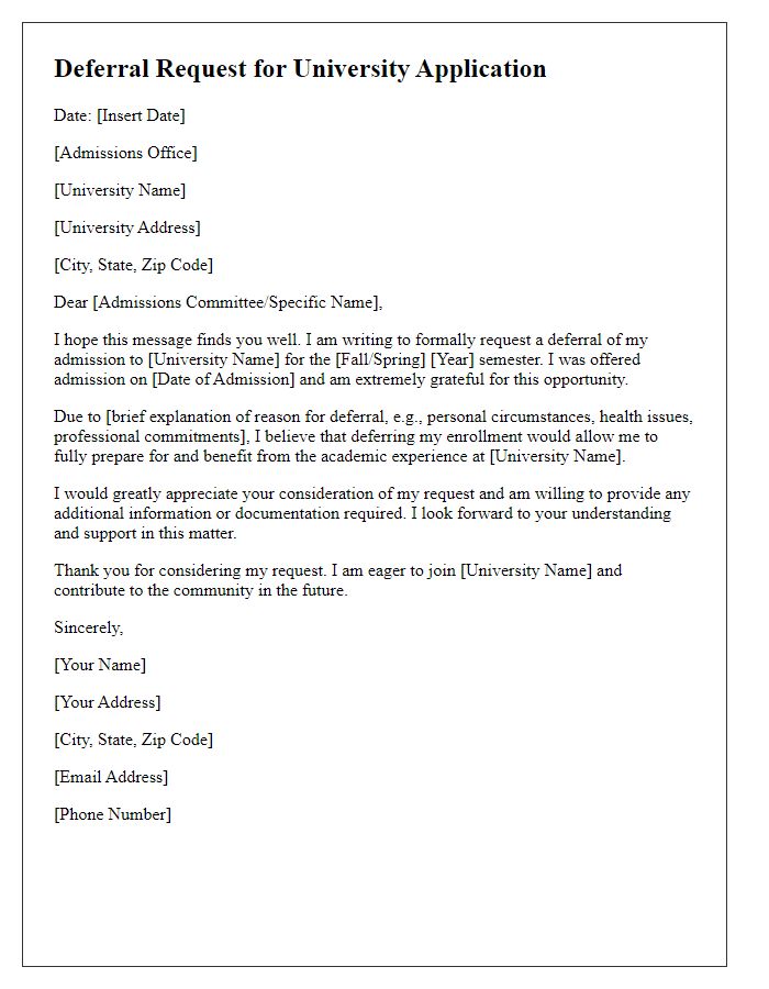 Letter template of university application deferral request