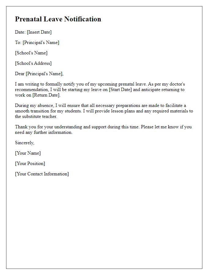 Letter template of prenatal leave notification for teachers