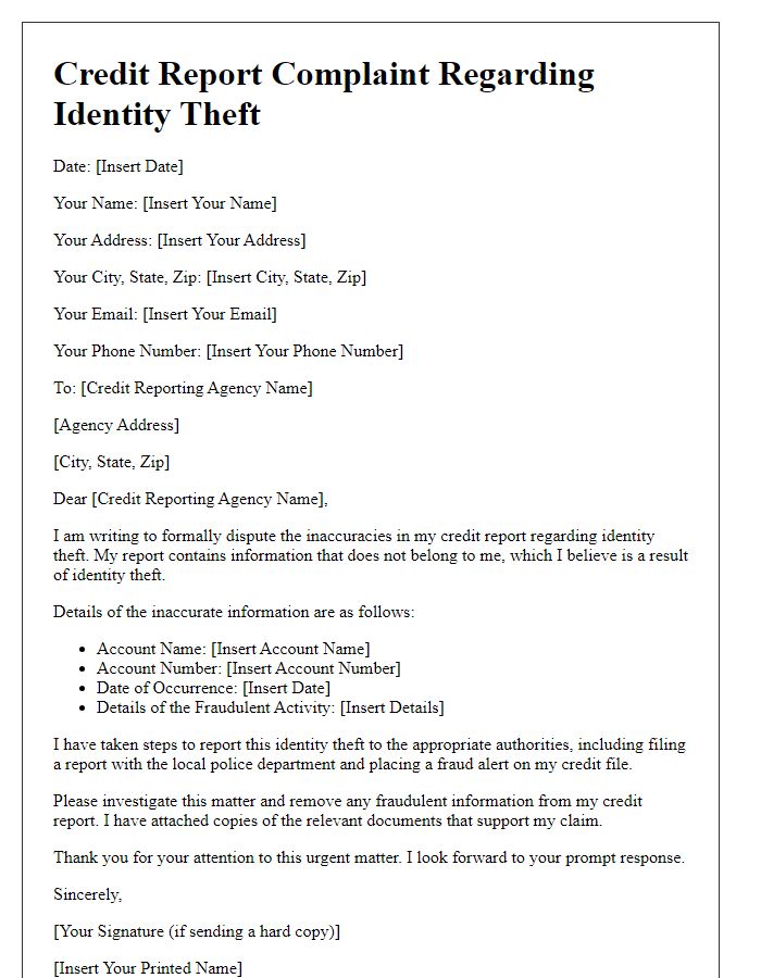 Letter template of credit report complaint regarding identity theft.