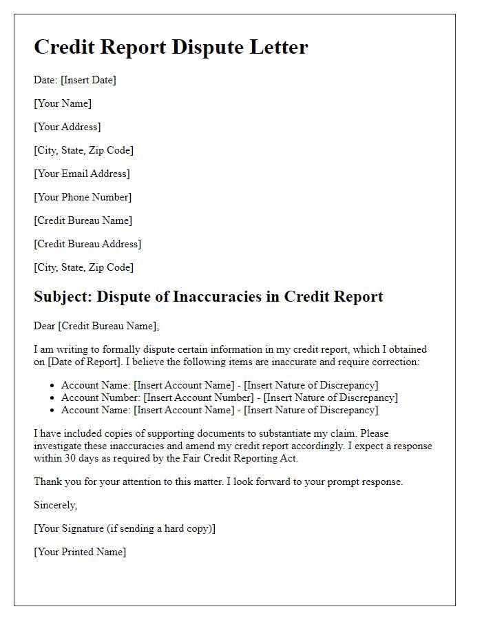 Letter template of credit report dispute for inaccuracies.