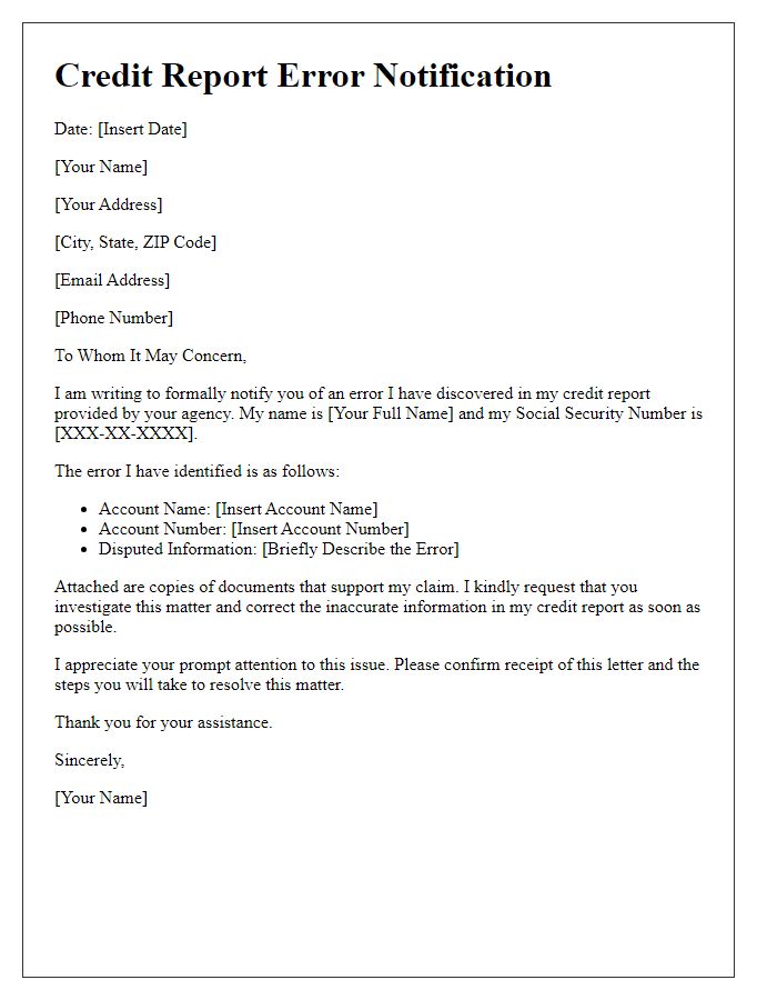 Letter template of credit report error notification.