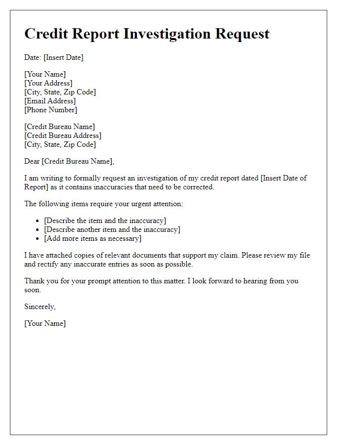 Letter template of credit report investigation request.