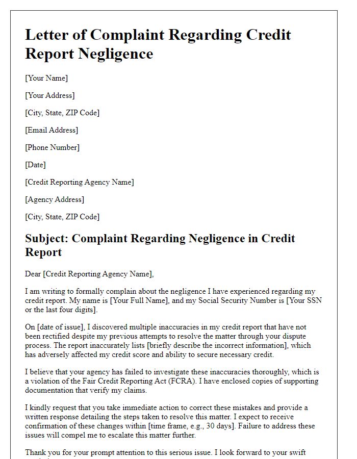 Letter template of credit report negligence complaint.