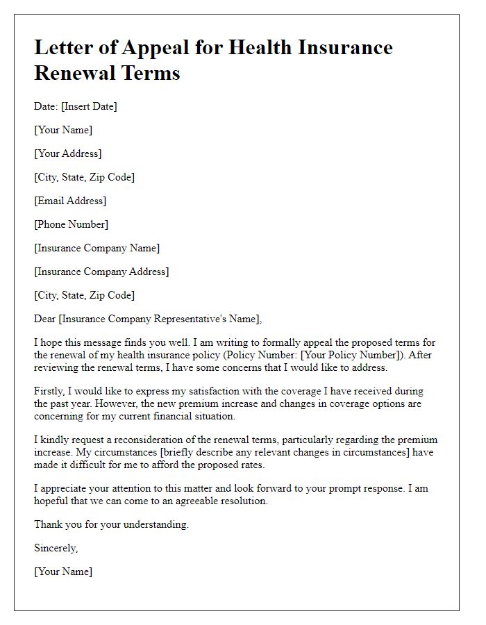 Letter template of appeal for health insurance renewal terms