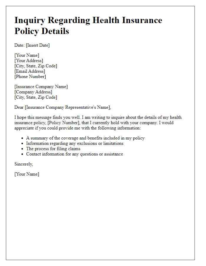 Letter template of inquiry regarding health insurance policy details