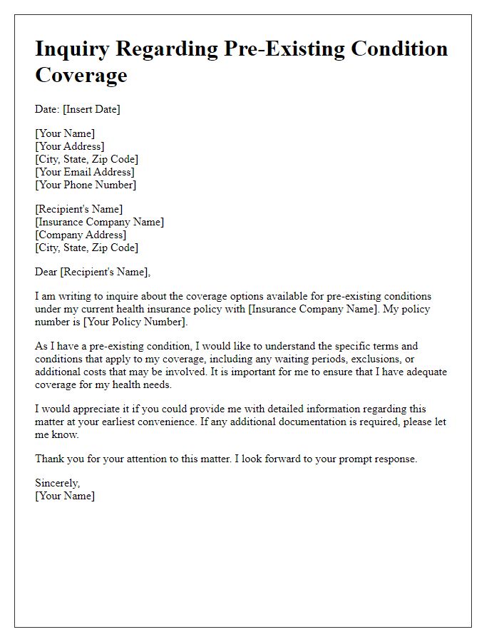 Letter template of inquiry regarding pre-existing condition coverage