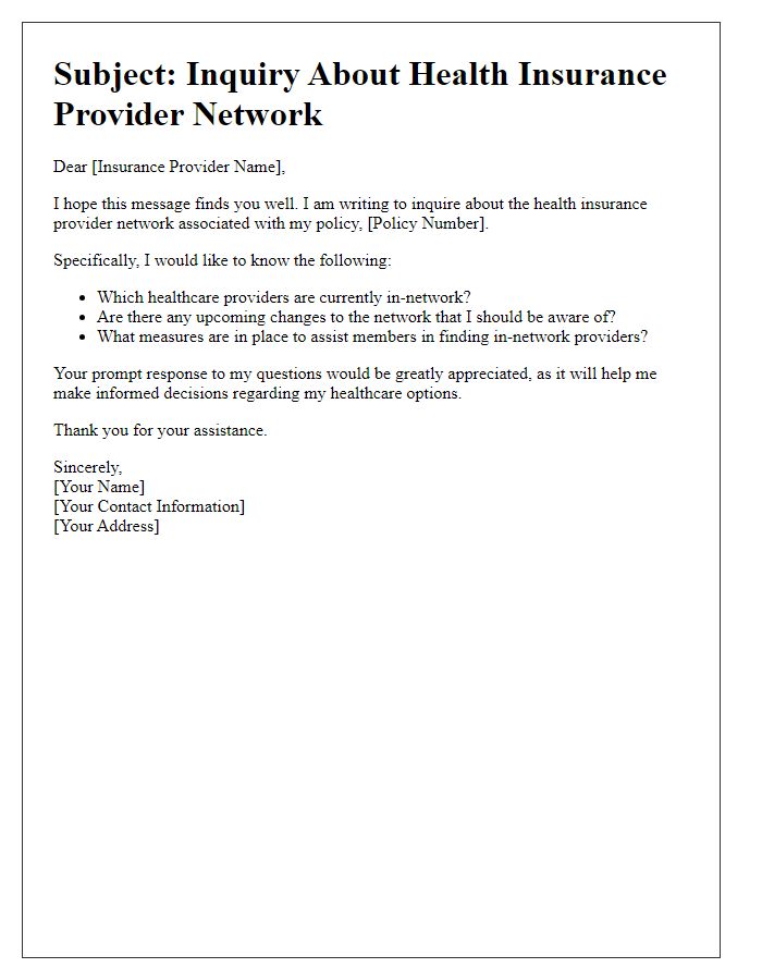 Letter template of query regarding health insurance provider network