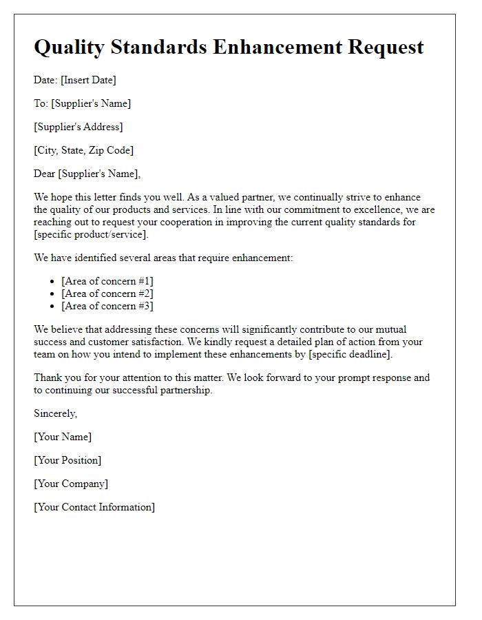 Letter template of Quality Standards Enhancement Request to Supplier