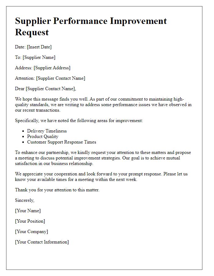 Letter template of Supplier Performance Improvement Request