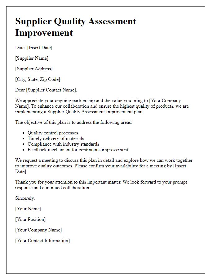 Letter template of Supplier Quality Assessment Improvement