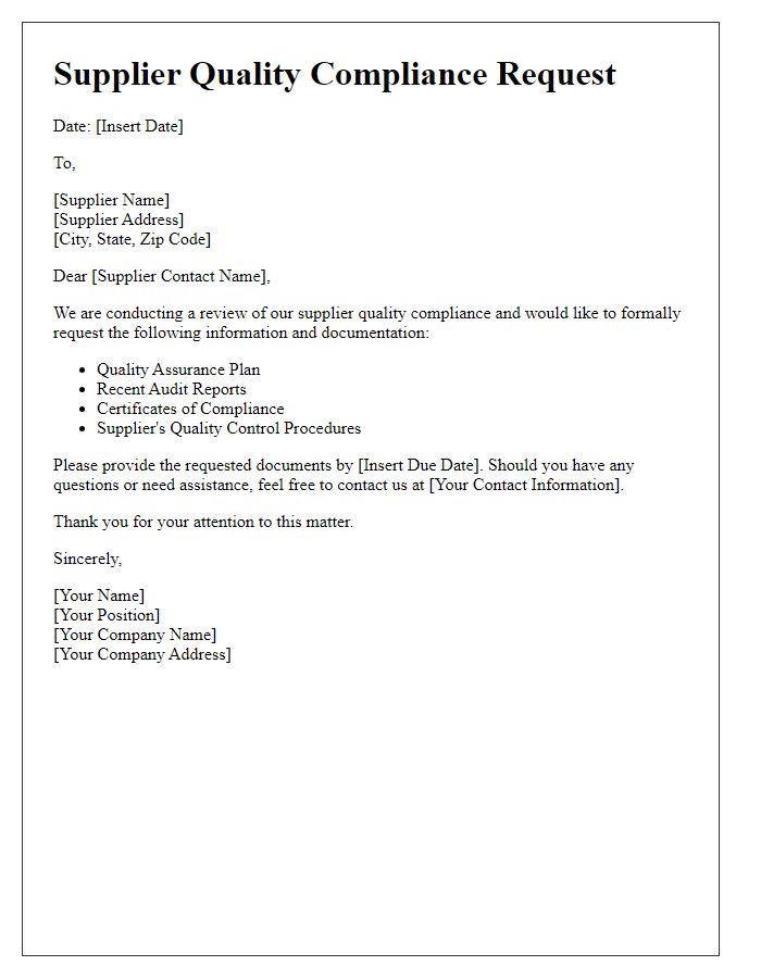 Letter template of Supplier Quality Compliance Request