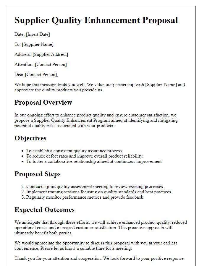 Letter template of Supplier Quality Enhancement Proposal