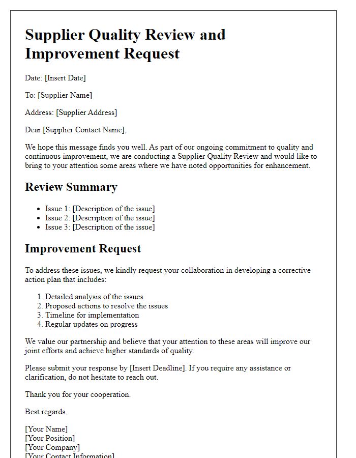 Letter template of Supplier Quality Review and Improvement Request