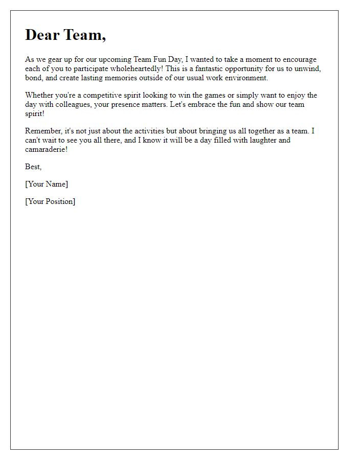 Letter template of encouragement for participating in a team fun day