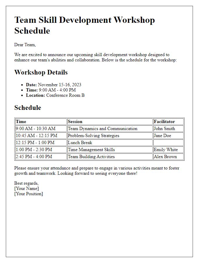 Letter template of schedule for team skill development workshop