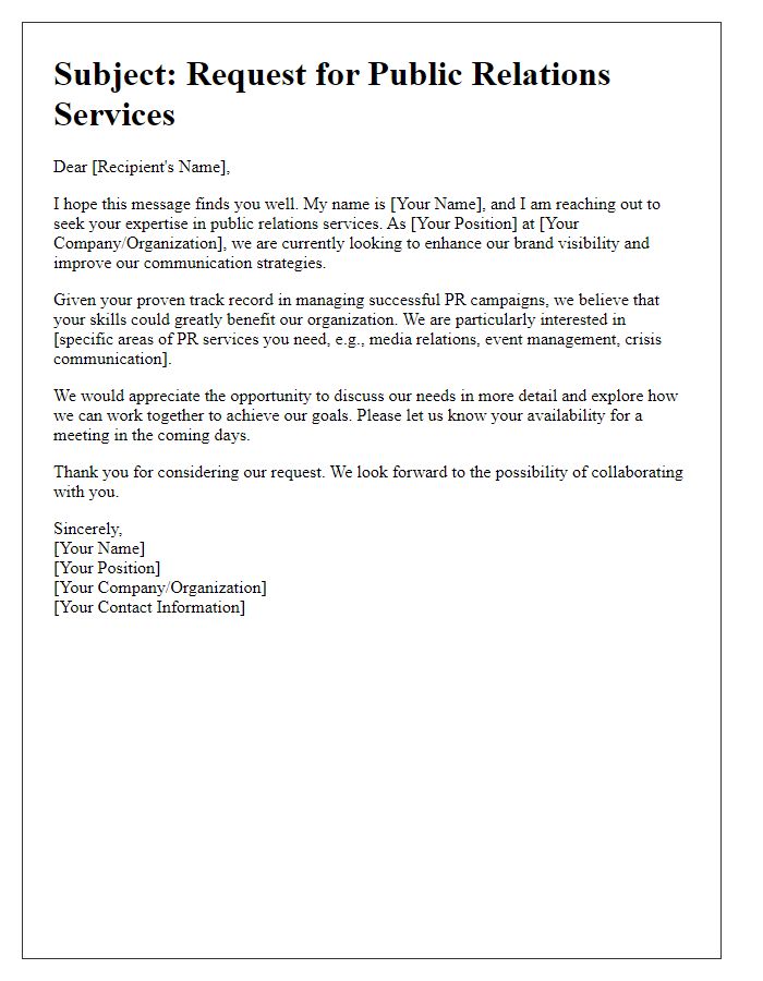 Letter template of appeal for public relations services.