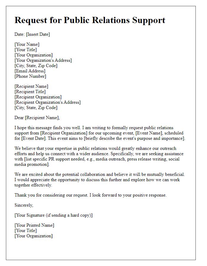 Letter template of request for public relations support.