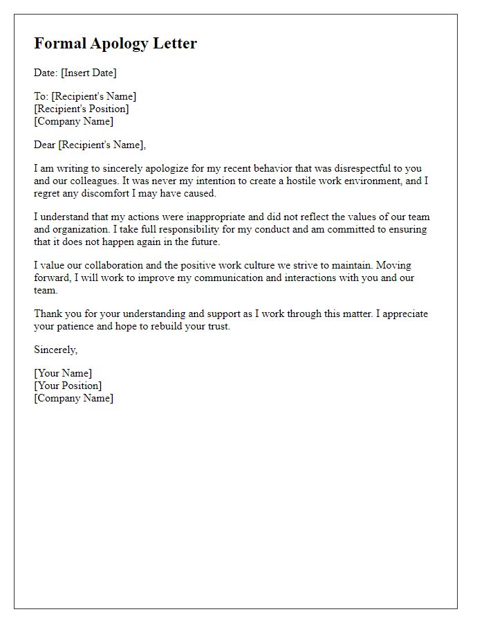 Letter template of formal employee apology for disrespecting colleagues