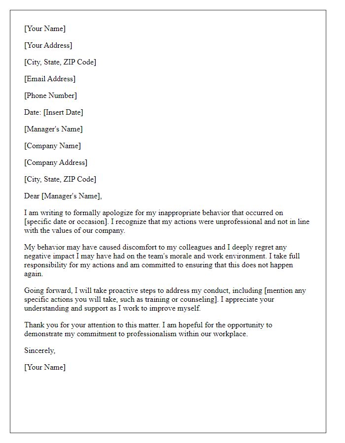 Letter template of formal employee apology for inappropriate behavior