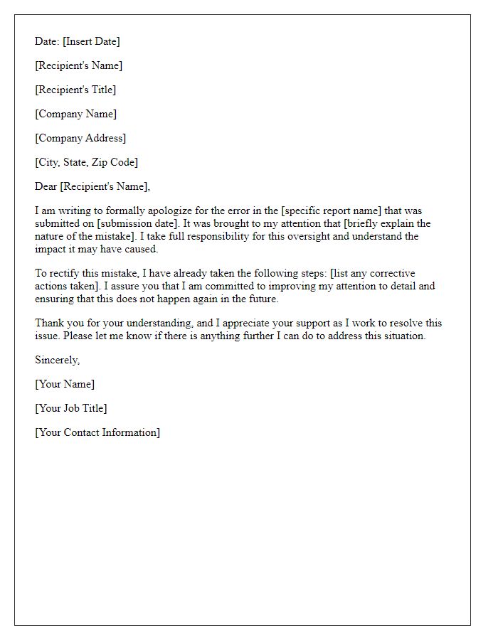 Letter template of formal employee apology for a mistake in a report