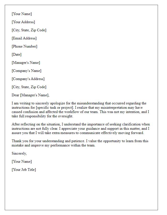 Letter template of formal employee apology for misunderstanding instructions