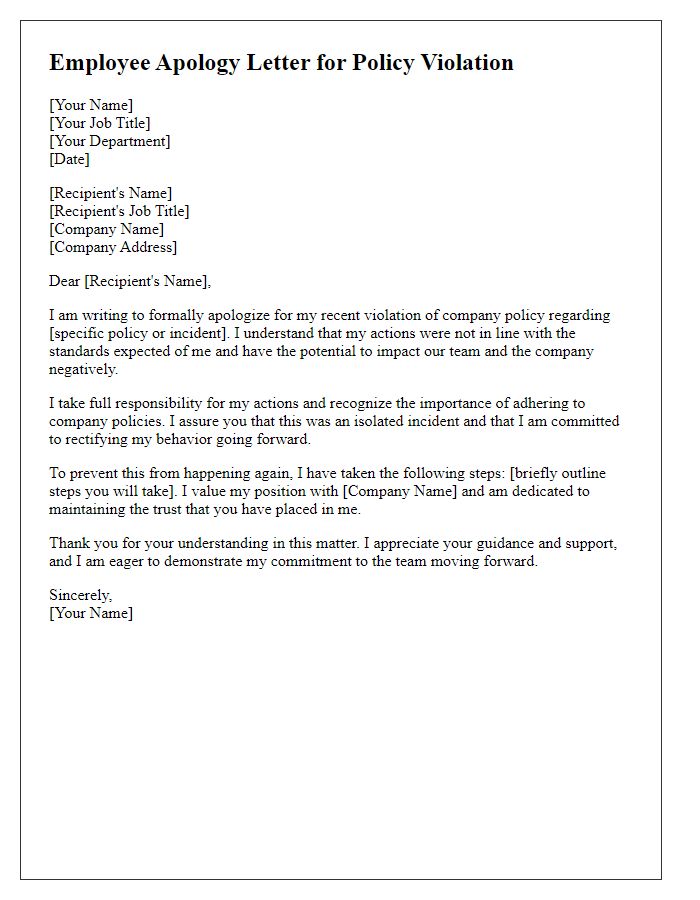 Letter template of formal employee apology for policy violation