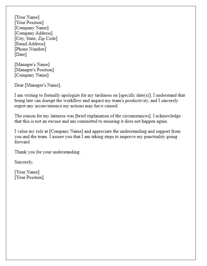 Letter template of formal employee apology for tardiness