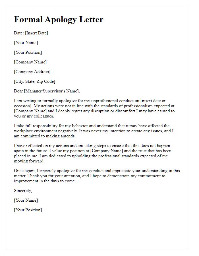 Letter template of formal employee apology for unprofessional conduct