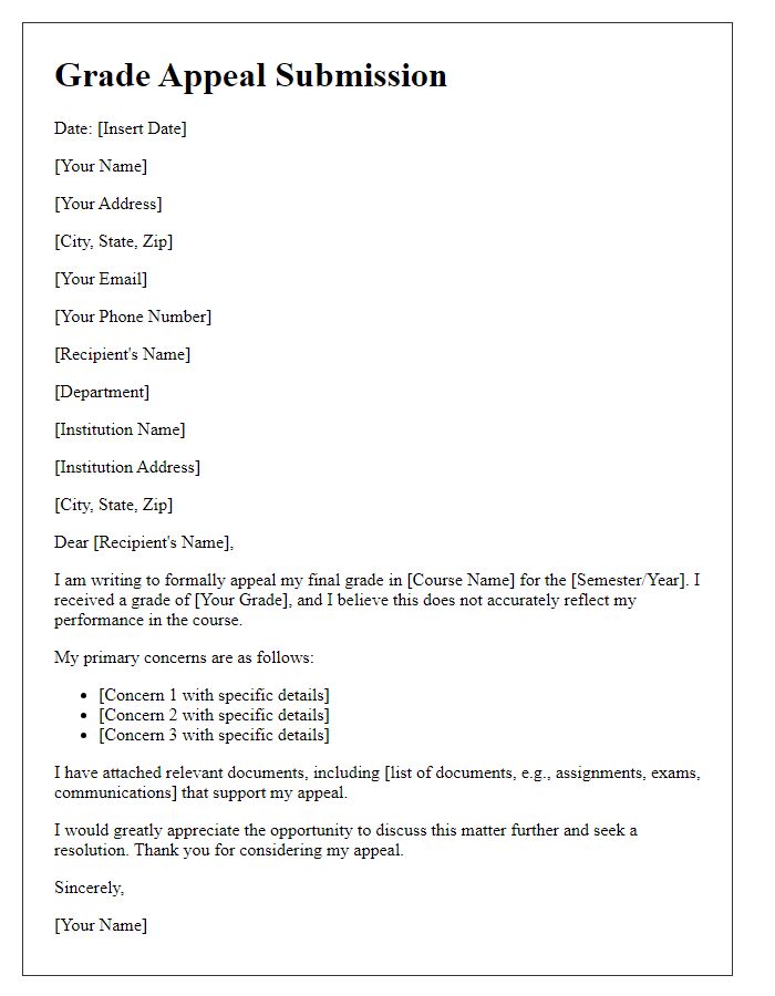 Letter template of formal grade appeal submission