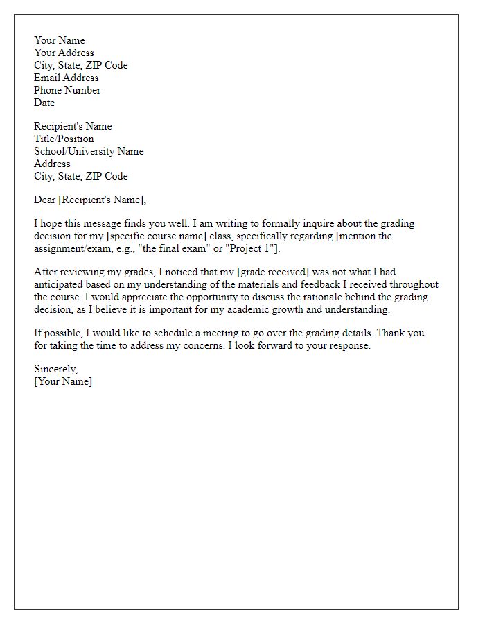 Letter template of inquiry into grading decision