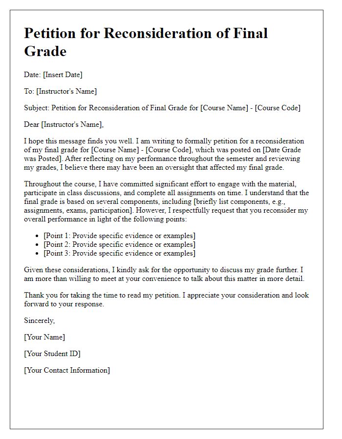 Letter template of petition for reconsideration of final grade