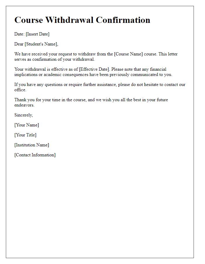 Letter template of educational course withdrawal confirmation