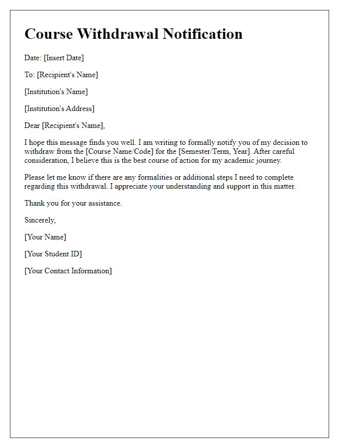 Letter template of notification for course withdrawal