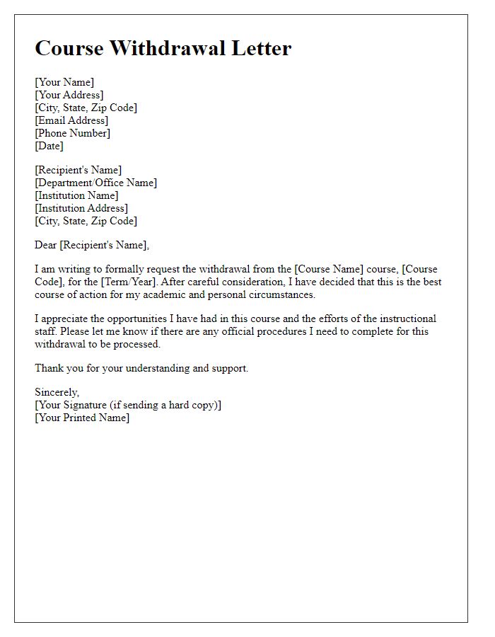 Letter template of official course withdrawal letter