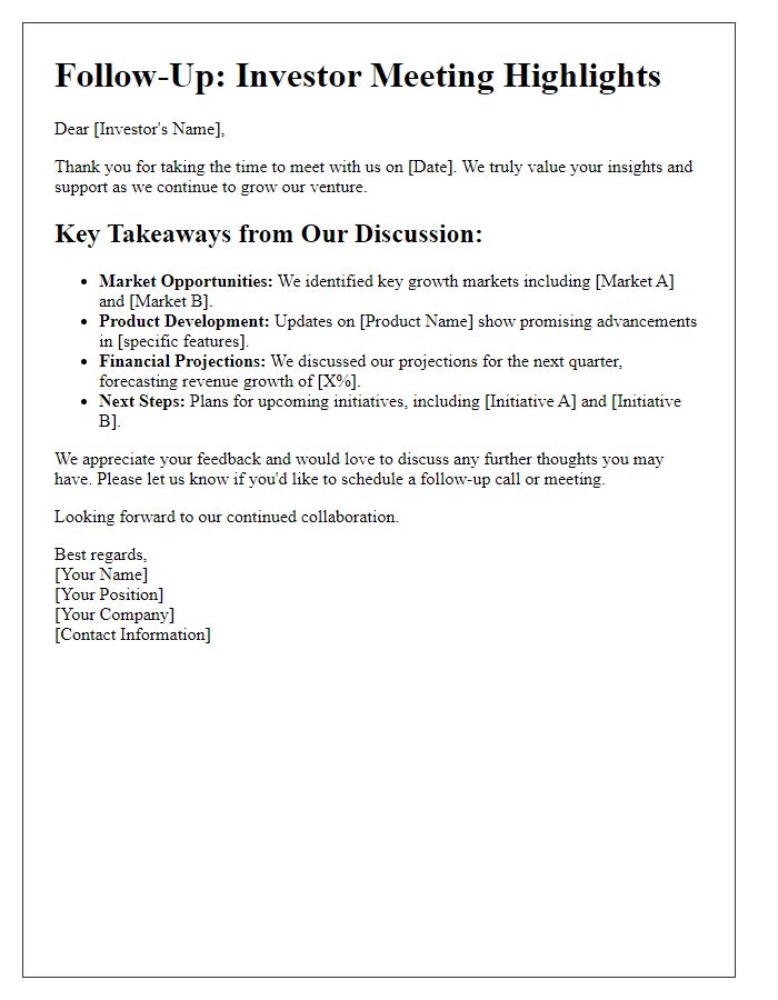 Letter template of investor meeting follow-up to highlight key takeaways.