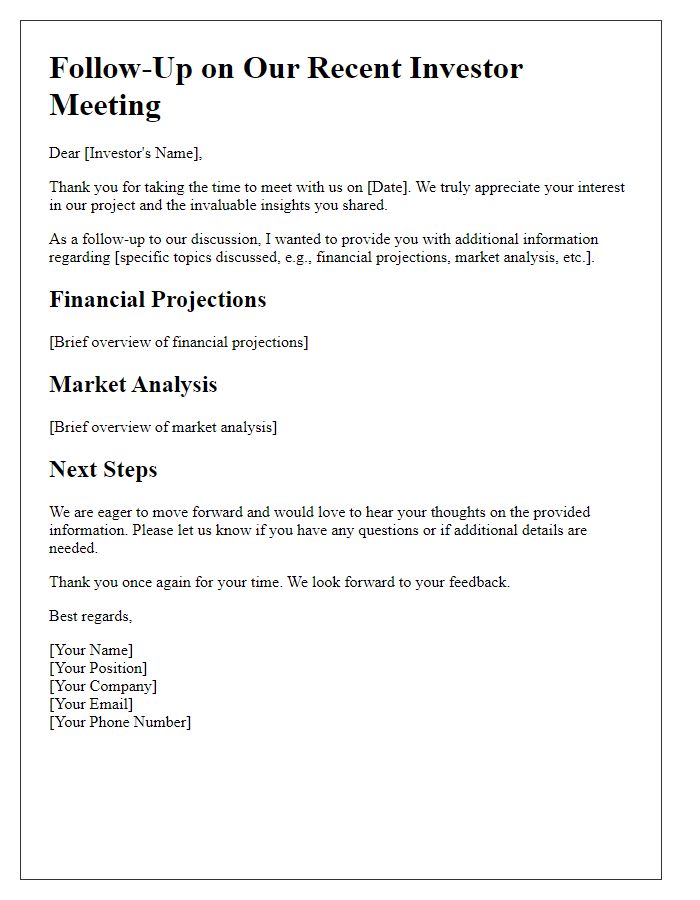 Letter template of investor meeting follow-up to provide additional information.