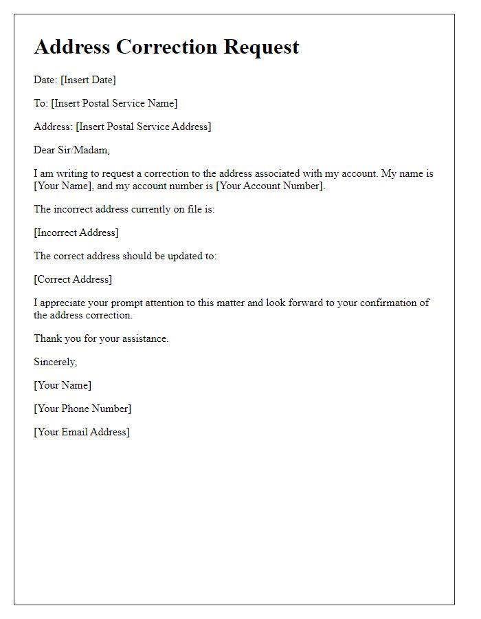 Letter template of postal service address correction request